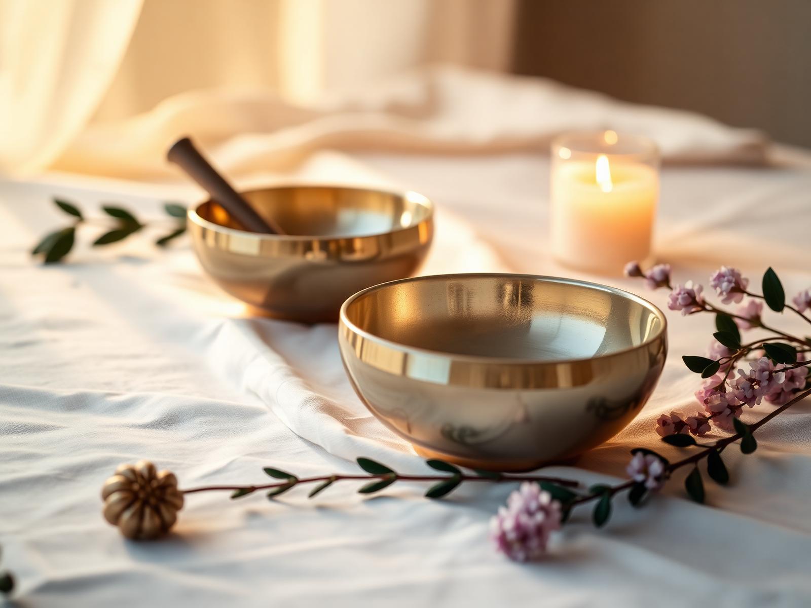 Crystal singing bowls arranged with soft candlelight and botanical accents